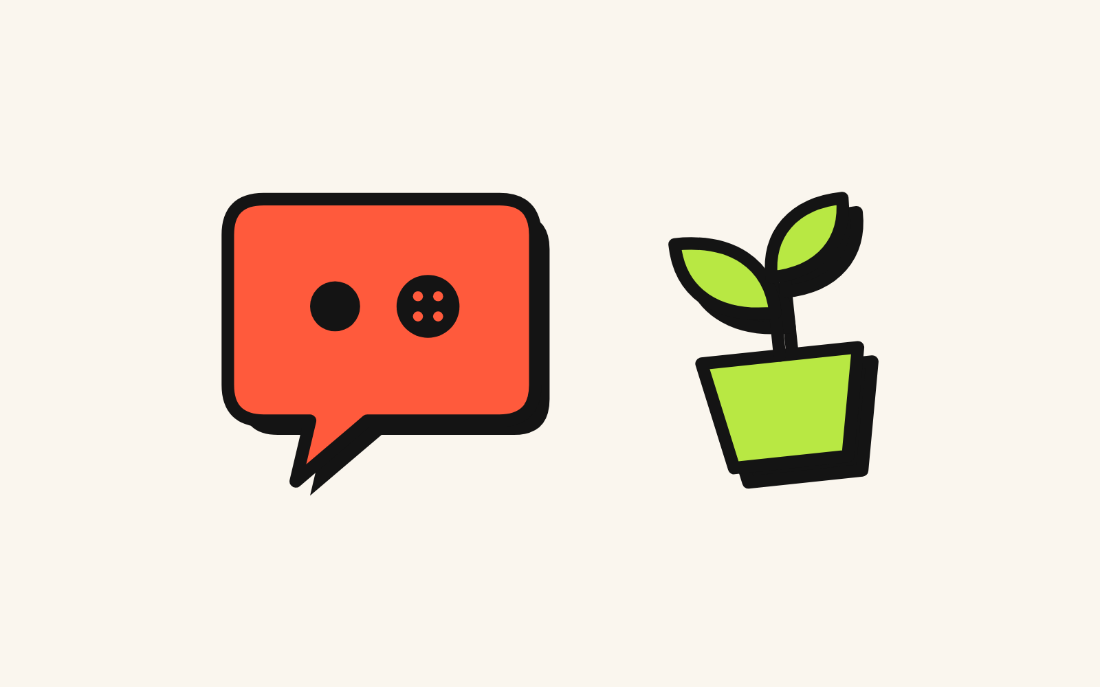A red larbin shaped like a speech bubble, next to a green potted plant.
